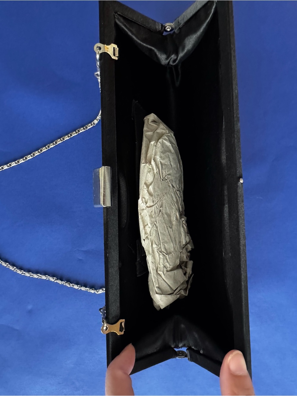 Black Satin Pleated Evening Clutch with Silver Chain - Picture 2 of 6